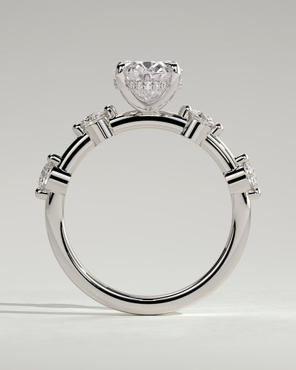 Arwen - Oval Claw Solitaire with 4 Spaced Round Accent Stones and Hidden Halo Engagement Ring - Platinum