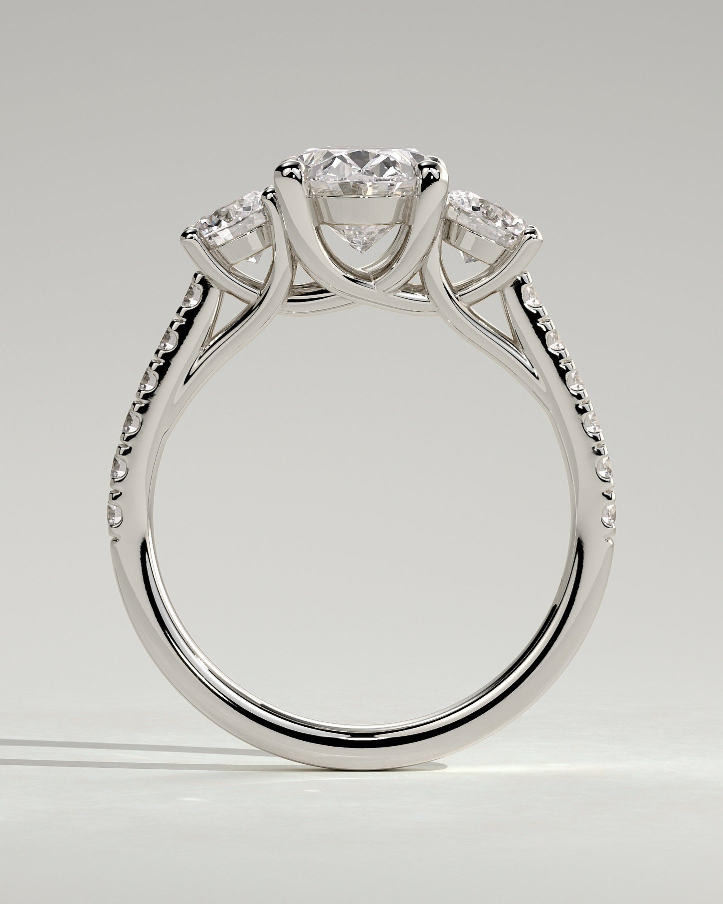 Aviana - Oval Claw Trilogy with Round Side Stones, Pave Band and Trellis Gallery  Engagement Ring - Platinum - White Gold / Platinum 2ct