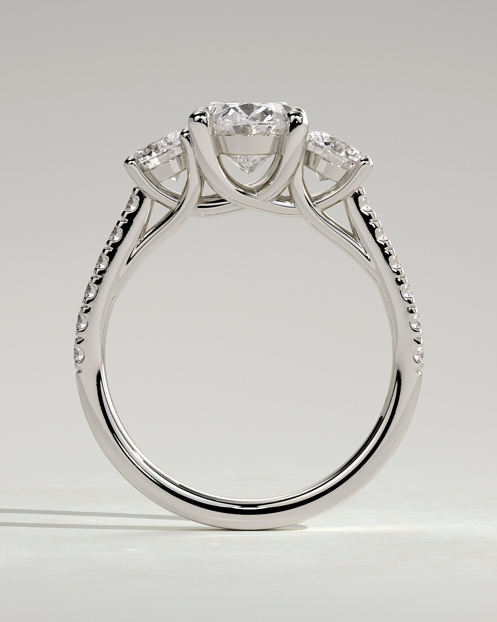 Aviana - Oval Claw Trilogy with Round Side Stones, Pave Band and Trellis Gallery  Engagement Ring - Platinum - White Gold / Platinum 2ct