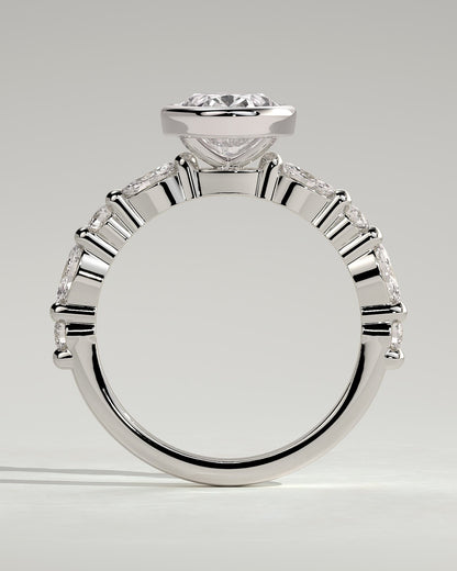 Aylin - Oval Bezel Solitaire with Marquise-Round Accent Stones Engagement Ring - Platinum