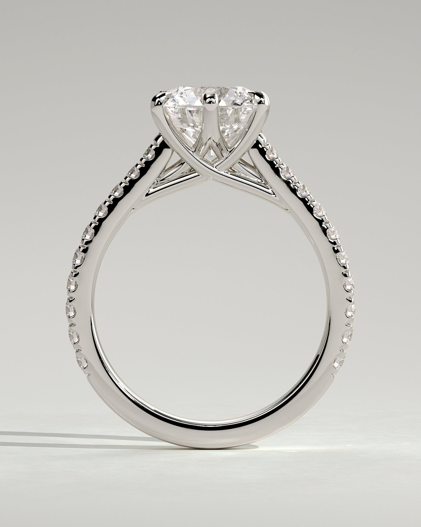 Briar - Round Claw Solitaire with Trellis Gallery, Pave Band and Cathedral Low Setting Engagement Ring - Platinum - White Gold / Platinum 2ct