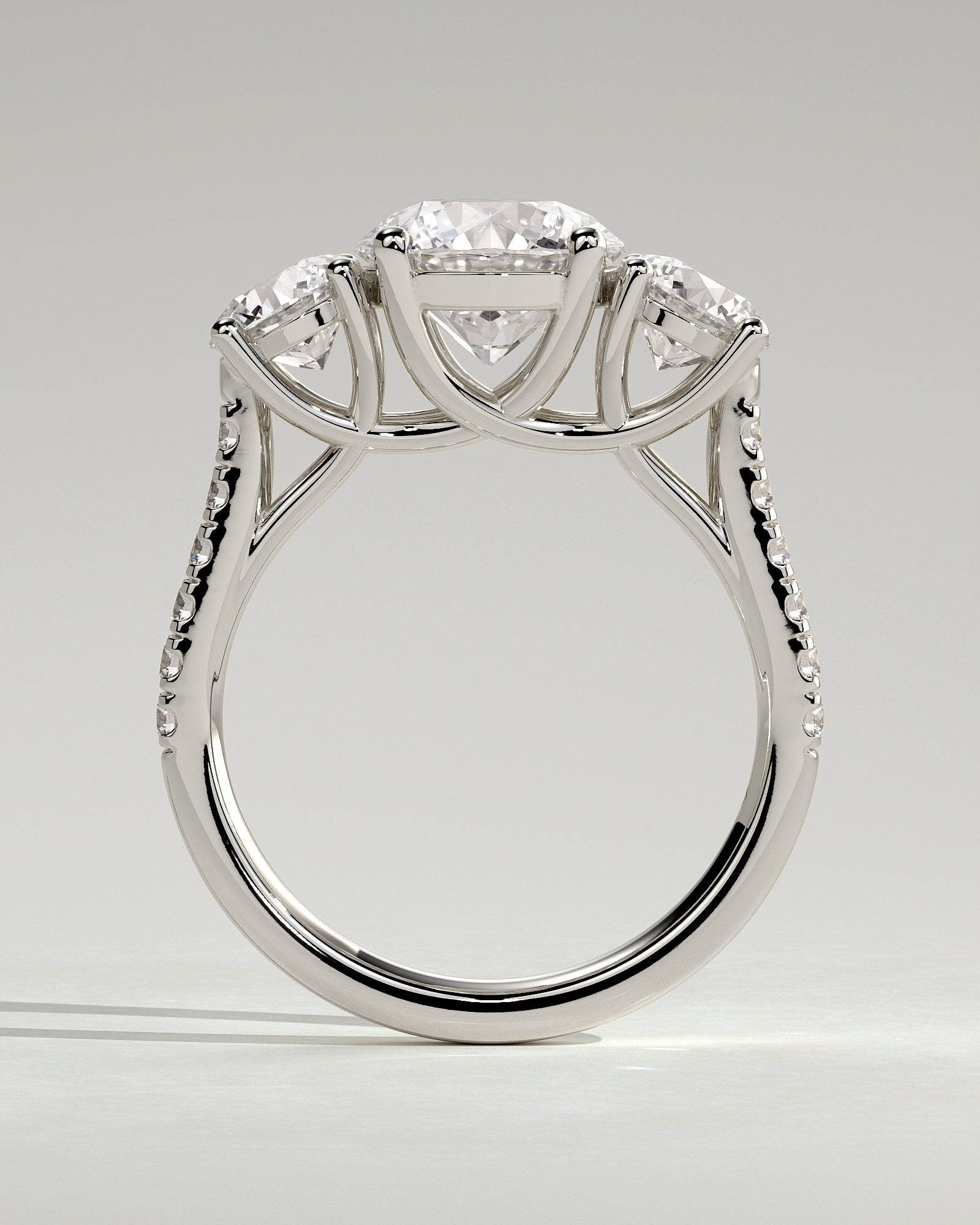 Ella - Round Claw Trilogy with Round Side Stones, Pave Band and Trellis Gallery  Engagement Ring - Platinum - White Gold / Platinum 2ct