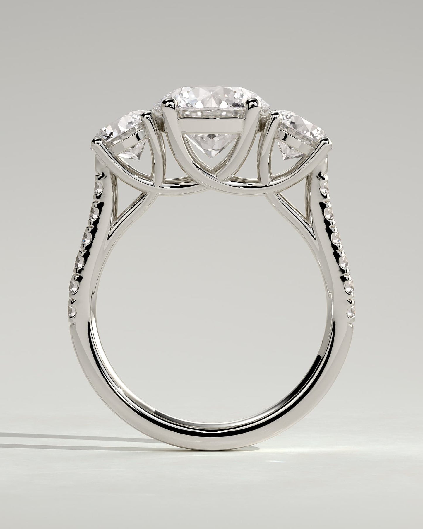 Ella - Round Claw Trilogy with Round Side Stones, Pave Band and Trellis Gallery  Engagement Ring - White Gold