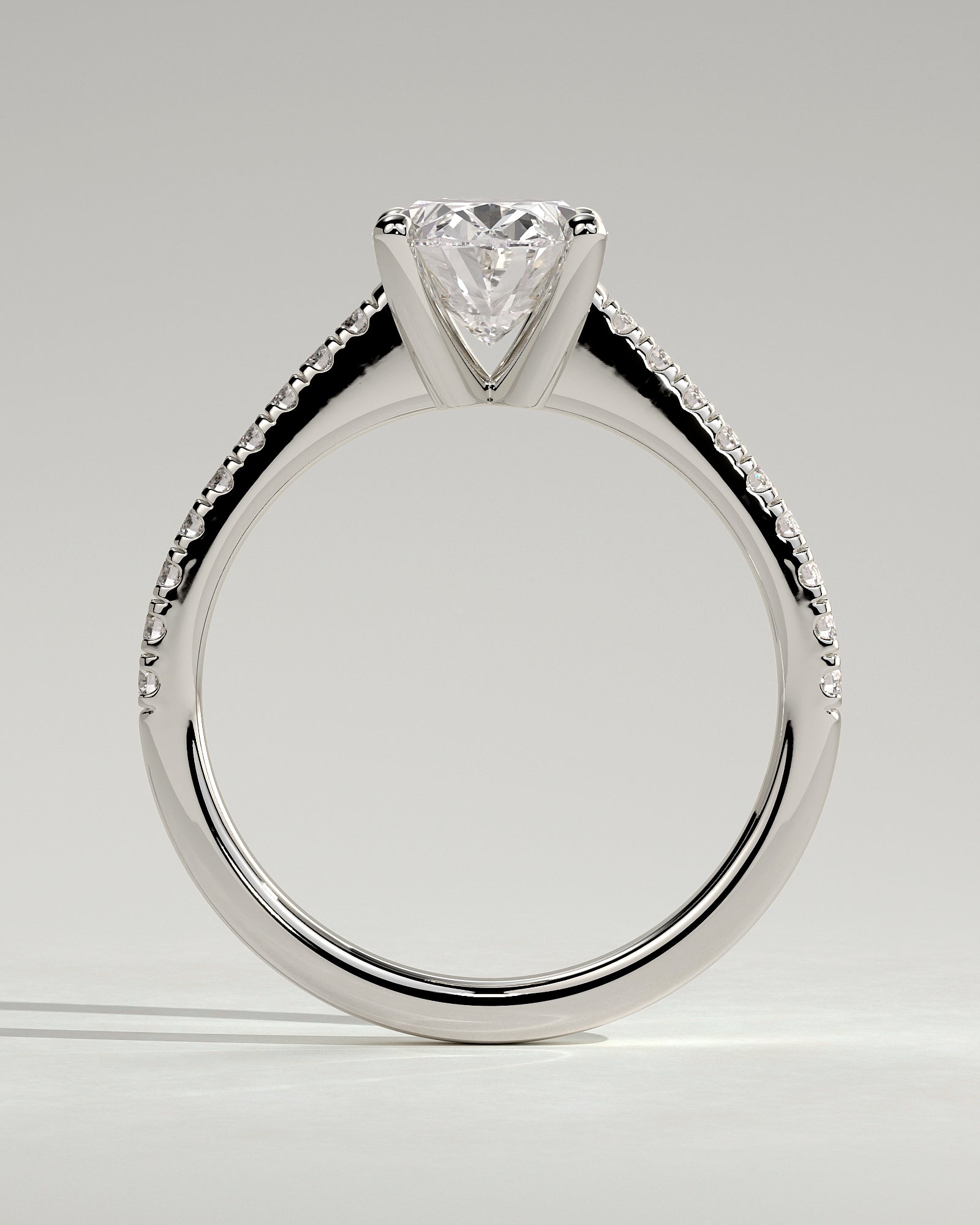 Eloise - Oval Claw Solitaire with Pave Band and Solid Cathedral Low Setting Engagement Ring - Platinum - White Gold / Platinum 2ct