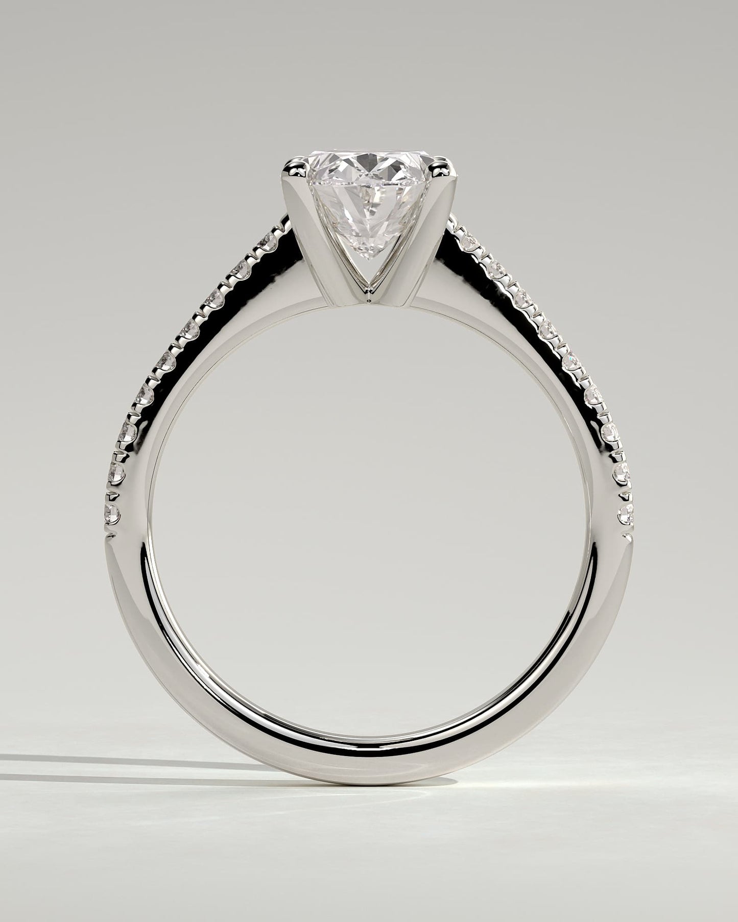 Eloise - Oval Claw Solitaire with Pave Band and Solid Cathedral Low Setting Engagement Ring - White Gold