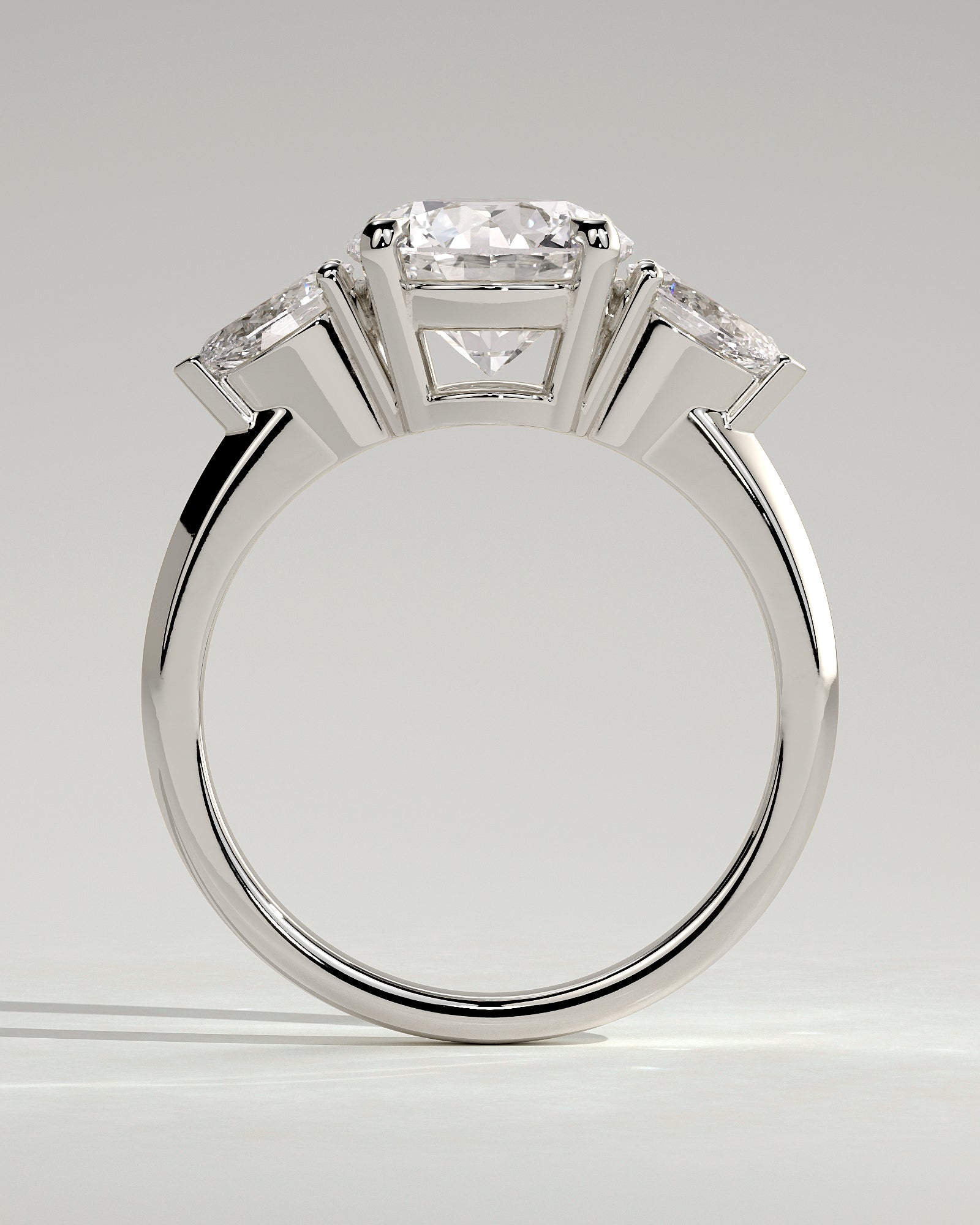 Halle - Round Claw Trilogy with Pear Side Stones and Knife Edge Band Engagement Ring - Platinum - White Gold / Platinum 2ct