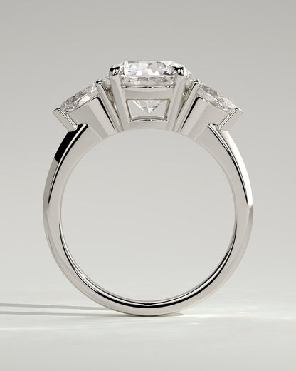 Halle - Round Claw Trilogy with Pear Side Stones and Knife Edge Band Engagement Ring - White Gold