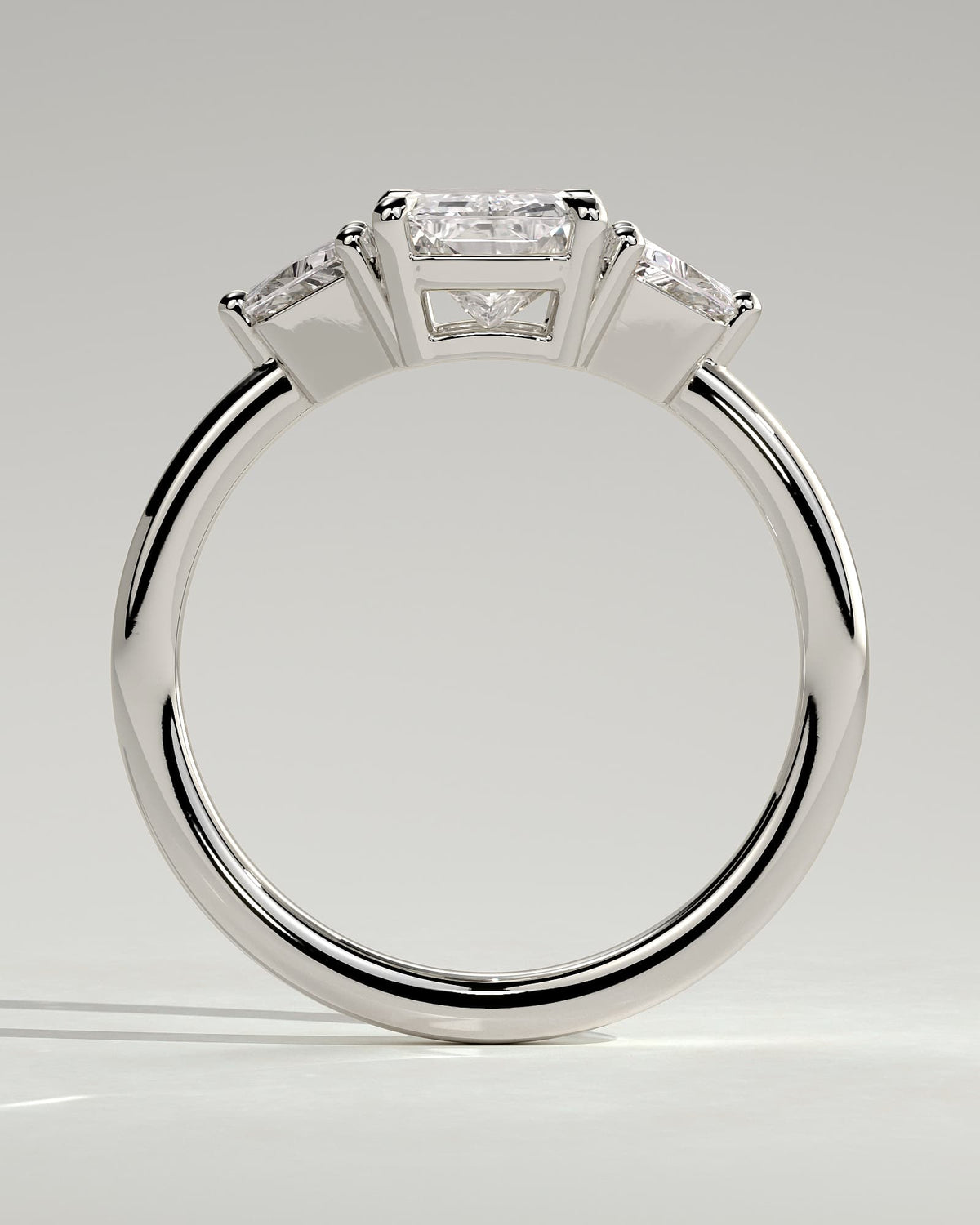 Juliette - Radiant Claw Trilogy with Trapezoid Side Stones and Low Setting Engagement Ring - White Gold