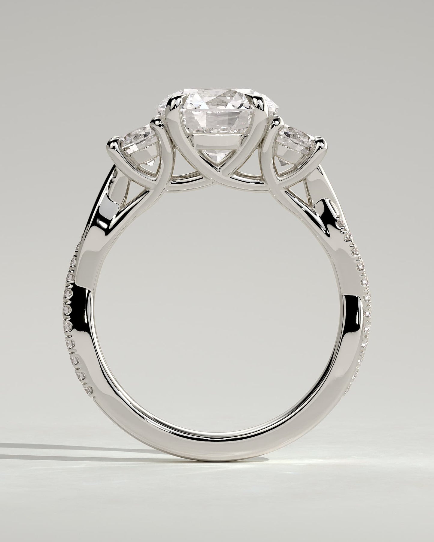 Jaylene - Round Claw Trilogy with Round Side Stones, Twisted Pave Band and Trellis Gallery Engagement Ring - White Gold