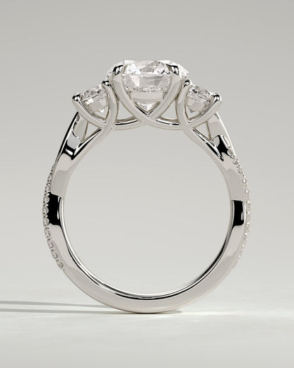 Jaylene - Round Claw Trilogy with Round Side Stones, Twisted Pave Band and Trellis Gallery Engagement Ring - Platinum
