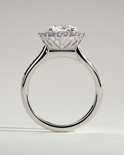 Jessica - Round Claw Solitaire with Graduating Halo and Bead Set Micropave and Tapered Band Engagement Ring - Platinum