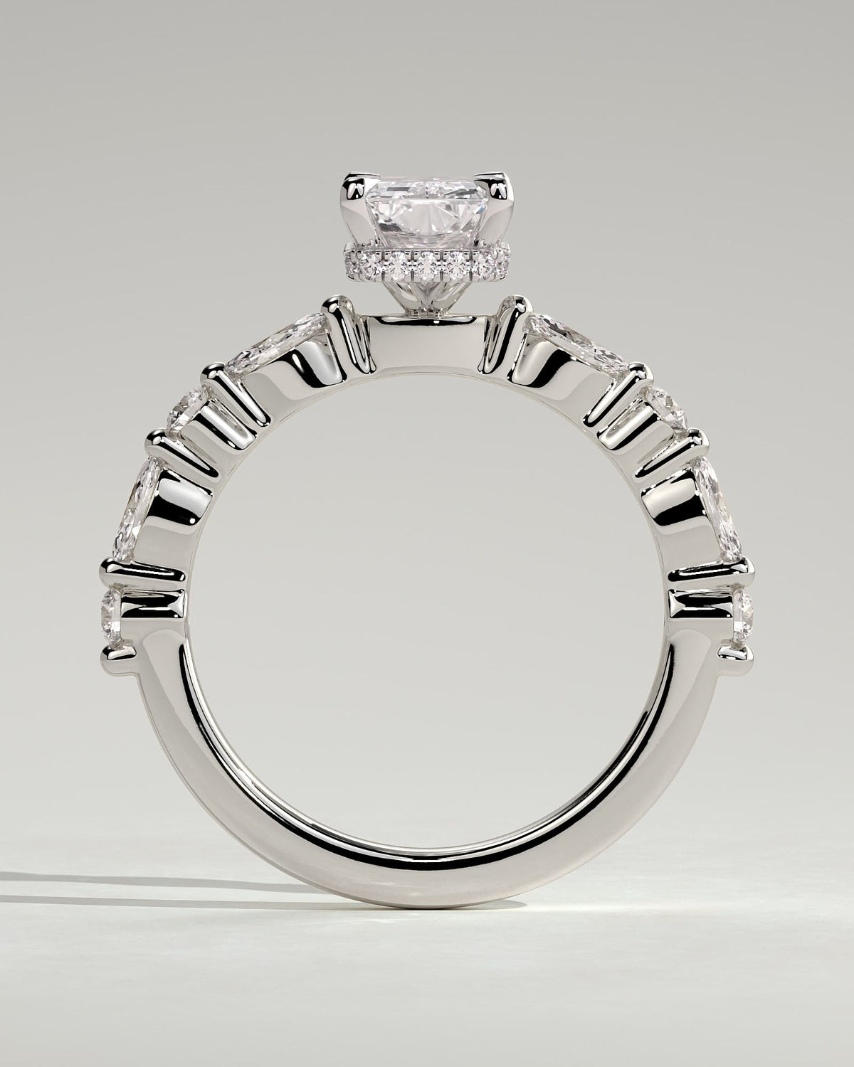 Kyla - Radiant Claw Solitaire with Marquise-Round Accent Stones and Wrap Around Hidden Halo Engagement Ring - Platinum