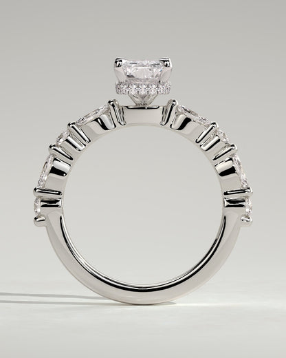 Kyla - Radiant Claw Solitaire with Marquise-Round Accent Stones and Wrap Around Hidden Halo Engagement Ring - Platinum