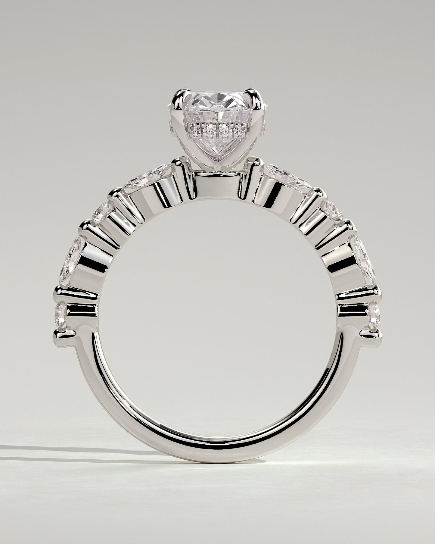 Brandi - Oval Claw Solitaire with Marquise-Round Accent Stones and Hidden Halo Engagement Ring - Platinum - White Gold / Platinum 2ct