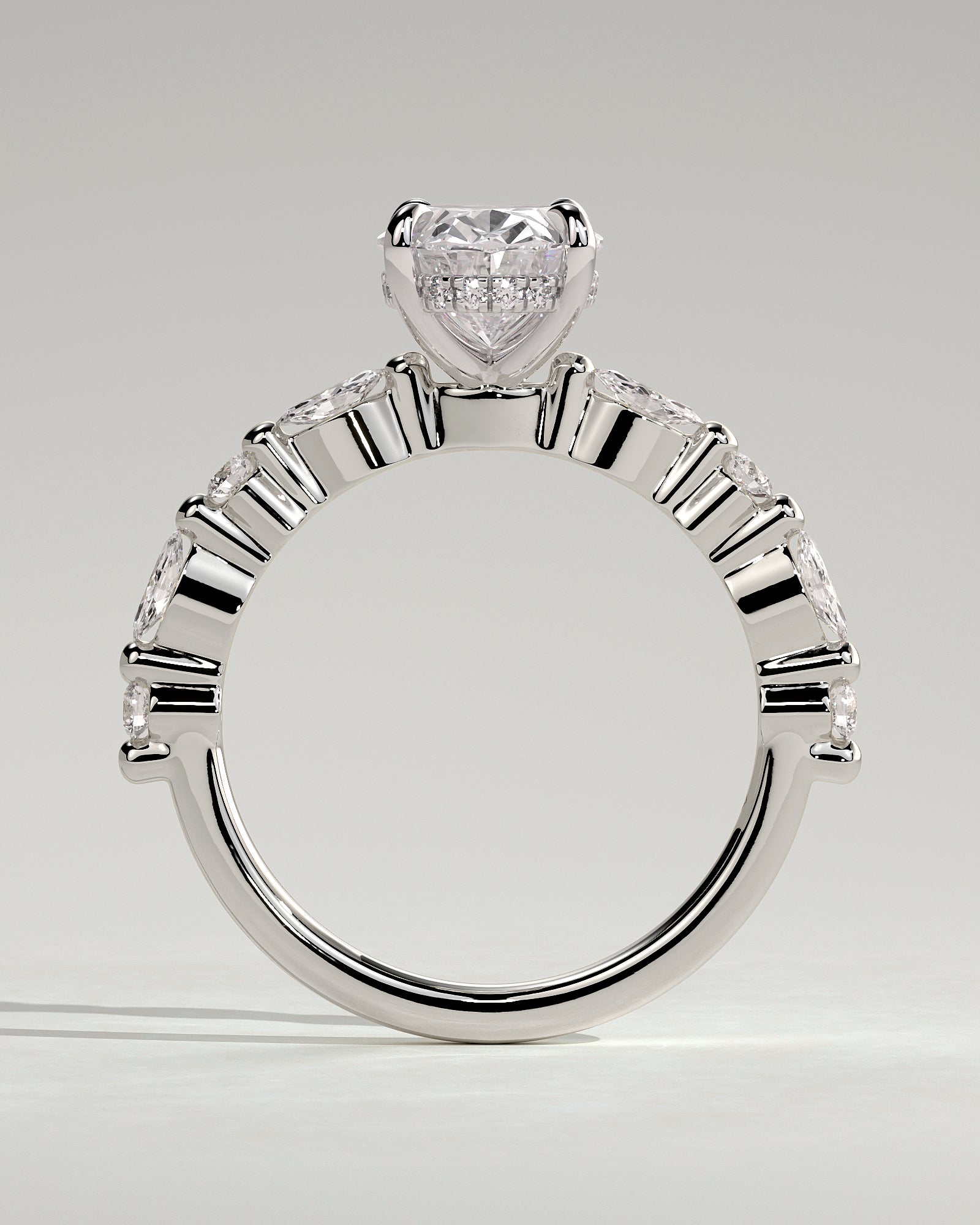 Brandi - Oval Claw Solitaire with Marquise-Round Accent Stones and Hidden Halo Engagement Ring - Platinum - White Gold / Platinum 2ct