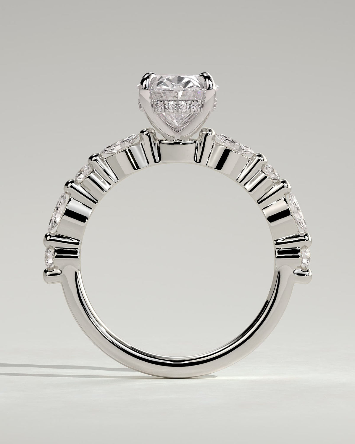 Brandi - Oval Claw Solitaire with Marquise-Round Accent Stones and Hidden Halo Engagement Ring - White Gold
