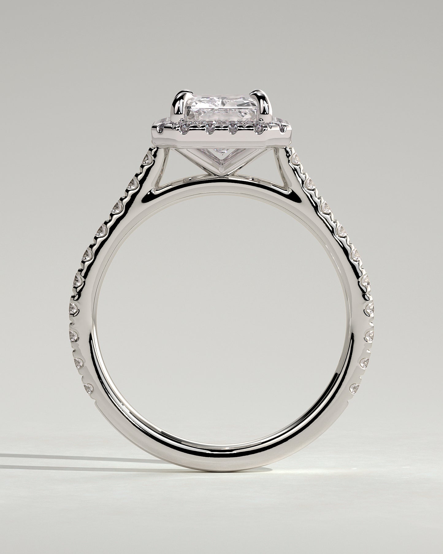 Clementine - Radiant Claw Solitaire with Halo and Pave Band and Cathedral High Setting Engagement Ring - Platinum - White Gold / Platinum 2ct