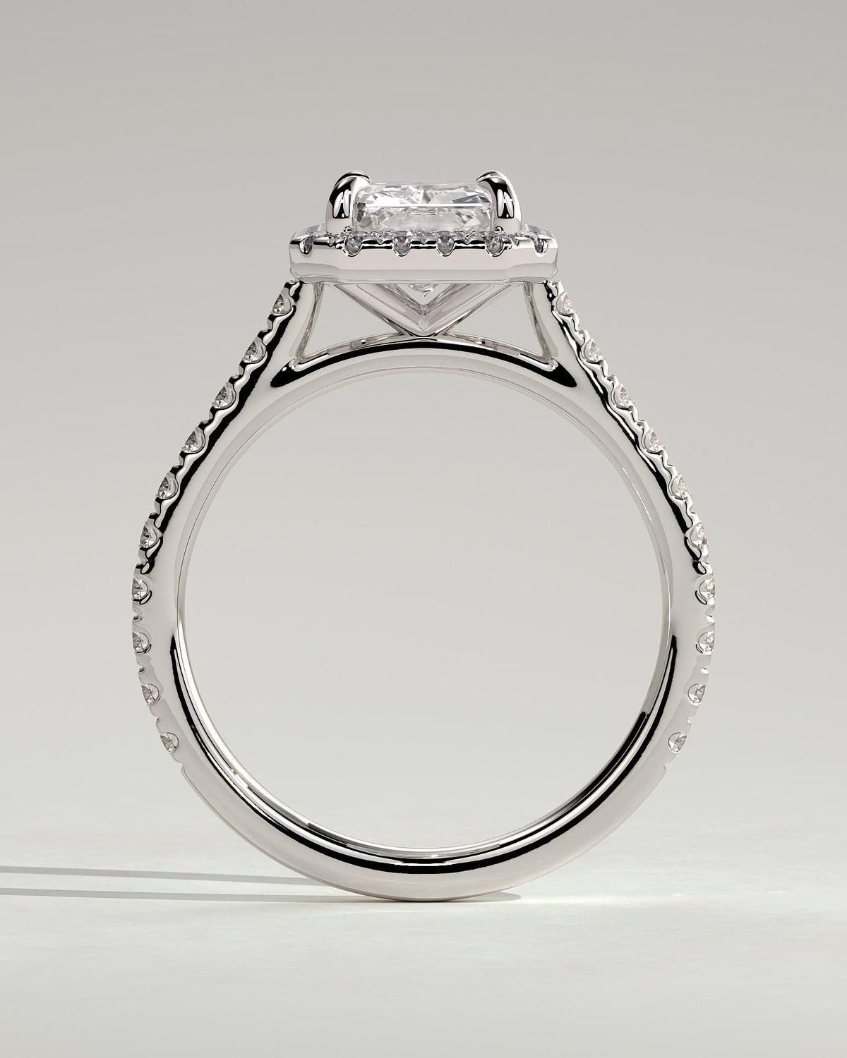 Clementine - Radiant Claw Solitaire with Halo and Pave Band and Cathedral High Setting Engagement Ring - White Gold