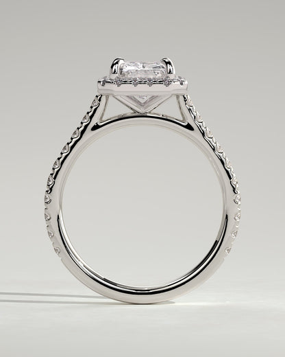 Clementine - Radiant Claw Solitaire with Halo and Pave Band and Cathedral High Setting Engagement Ring - White Gold