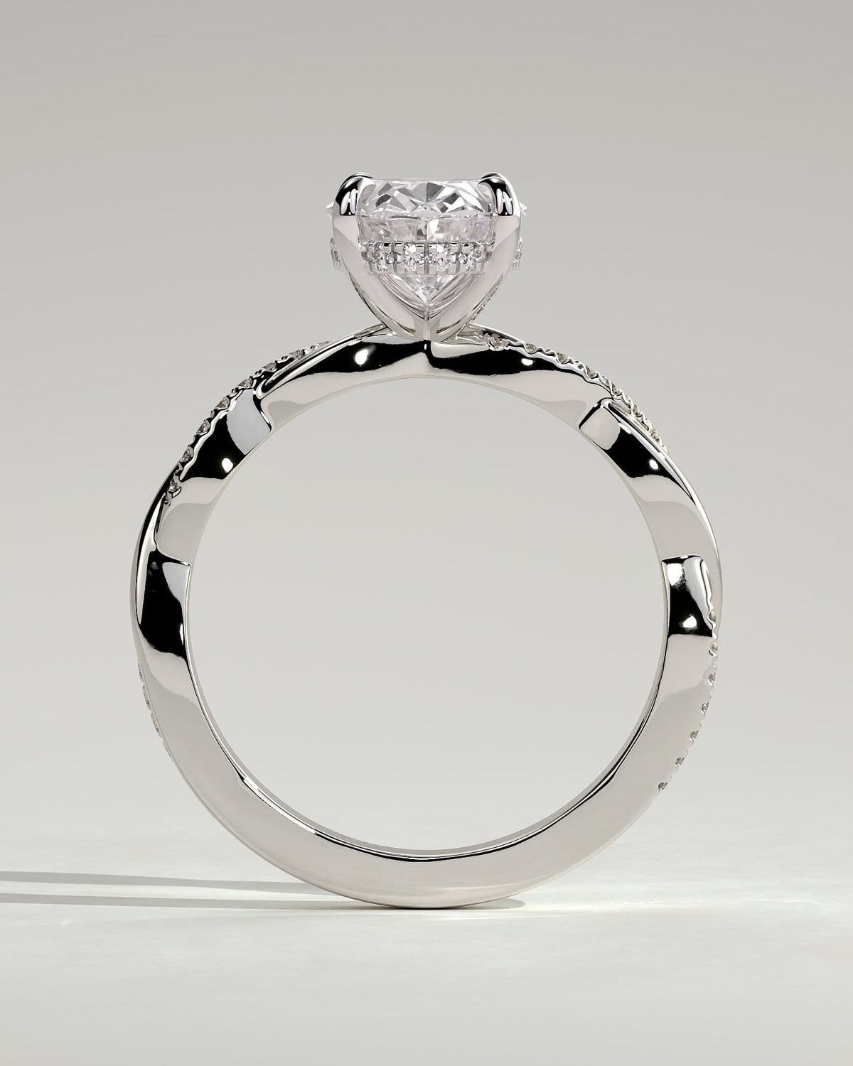 Lara - Oval Claw Solitaire with Hidden Halo and Twisted Alternating Pave Band Engagement Ring - Platinum