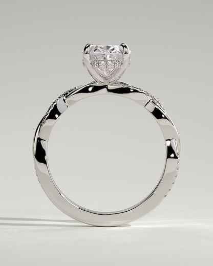 Lara - Oval Claw Solitaire with Hidden Halo and Twisted Alternating Pave Band Engagement Ring - Platinum