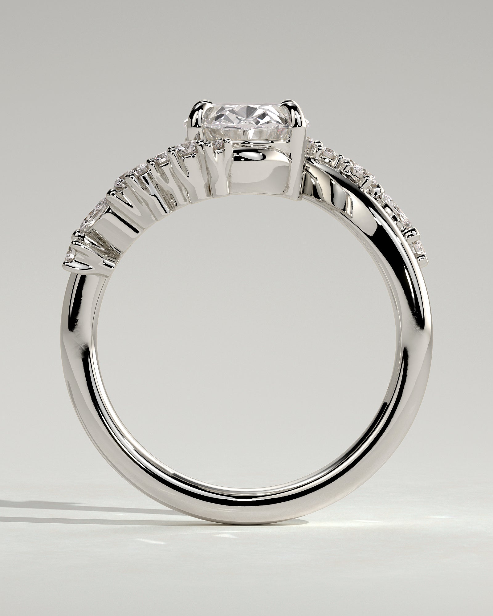 Ezmerelda - Oval Claw Solitaire with Bypass Band and Clustered Round-Marquise Accent Stones Engagement Ring - Platinum - White Gold / Platinum 2ct