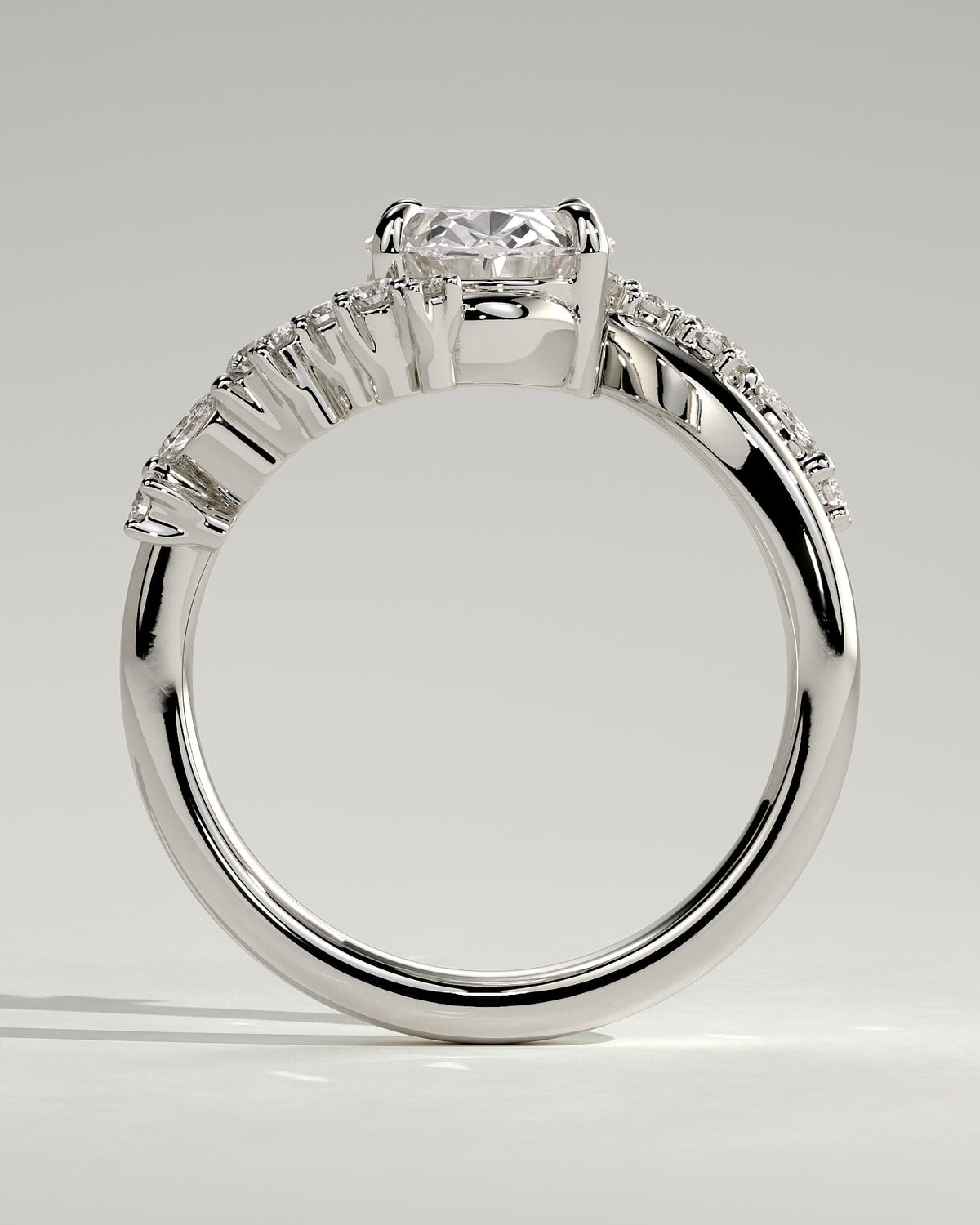 Ezmerelda - Oval Claw Solitaire with Bypass Band and Clustered Round-Marquise Accent Stones Engagement Ring - White Gold