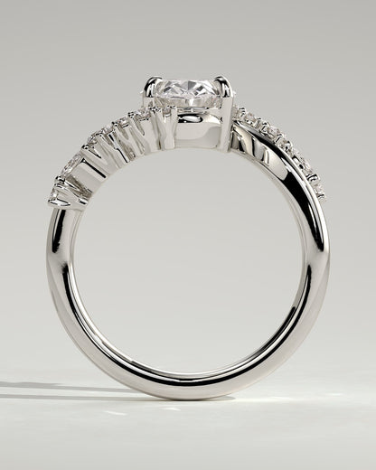 Ezmerelda - Oval Claw Solitaire with Bypass Band and Clustered Round-Marquise Accent Stones Engagement Ring - White Gold