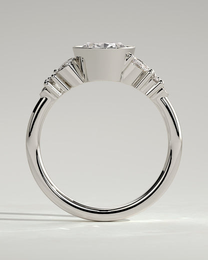 Isabella - Oval Bezel Solitaire with Clustered Round-Marquise Mixed Set Shoulder Stones Engagement Ring - Platinum