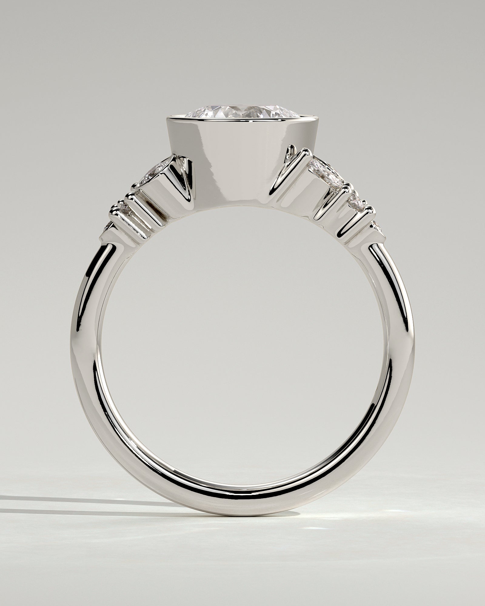 Alessia - Round Bezel Solitaire with Clustered Round-Marquise Mixed Set Shoulder Stones Engagement Ring - Platinum - White Gold / Platinum 2ct