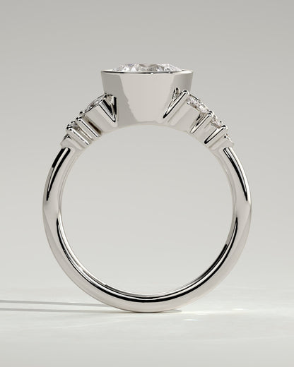 Alessia - Round Bezel Solitaire with Clustered Round-Marquise Mixed Set Shoulder Stones Engagement Ring - Platinum - platinum - Lara Jewels
