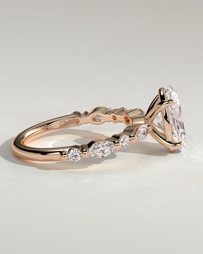 Alyssa - Oval Claw Solitaire with Marquise and Round Accent Stones Engagement Ring - Rose Gold