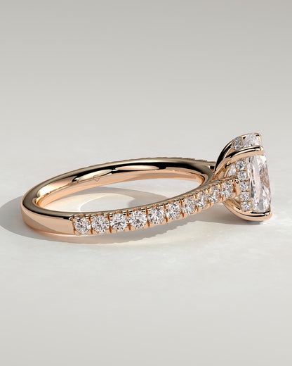 Annika - Elongated Cushion Claw Solitaire with Hidden Halo, Pave Band and Cathedral High Setting Engagement Ring - Rose Gold