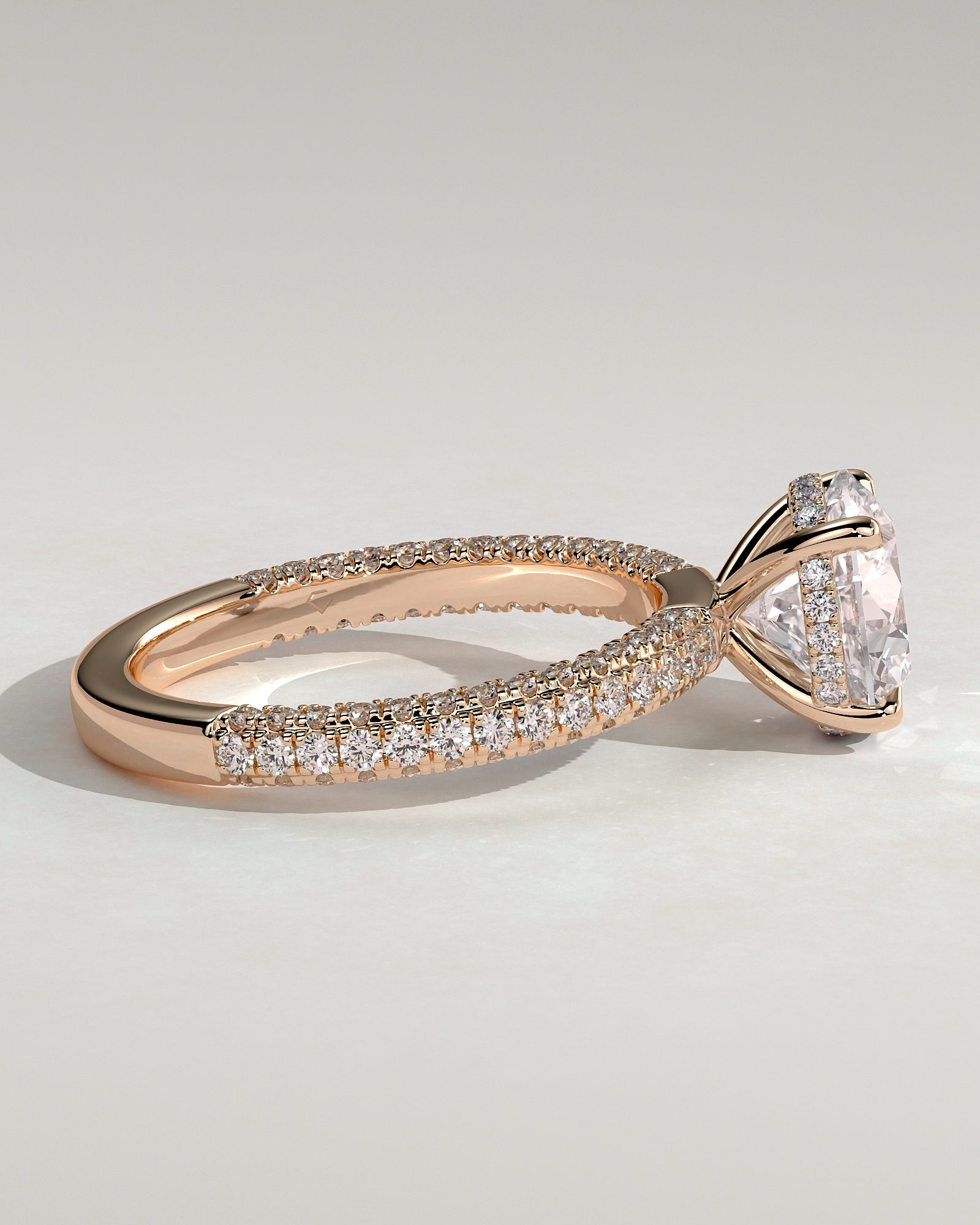 Alex - Round Claw Solitaire with Hidden Halo and Triple Pave Band Engagement Ring - Rose Gold - Rose Gold 2ct