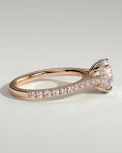 Ashlea - Round Claw Solitaire with Hidden Halo, Pave Band and Cathedral High Setting Engagement Ring - Rose Gold