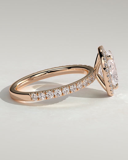 Aurora - Oval Claw Solitaire with Halo and Pave Band Engagement Ring - Rose Gold