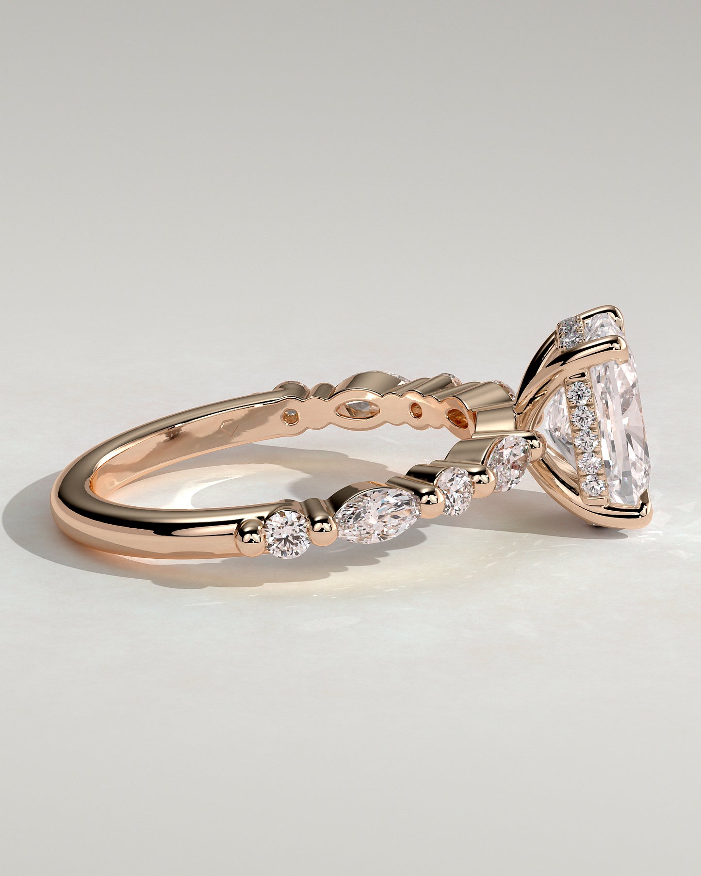 Cali - Elongated Cushion Claw Solitaire with Marquise-Round Accent Stones and Hidden Halo Engagement Ring - Rose Gold - Rose Gold 2ct