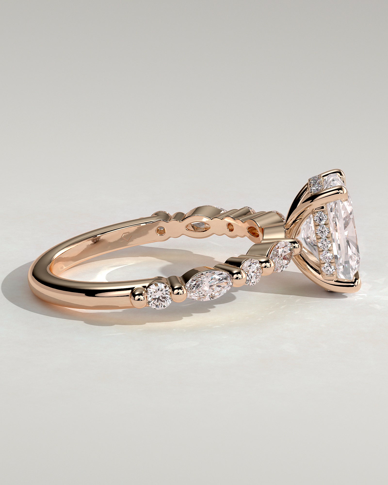 Cali - Elongated Cushion Claw Solitaire with Marquise-Round Accent Stones and Hidden Halo Engagement Ring - Rose Gold - Rose Gold 2ct