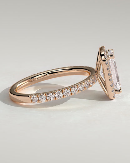 Catherine - Radiant Claw Solitaire with Halo and Pave Band Engagement Ring - Rose Gold
