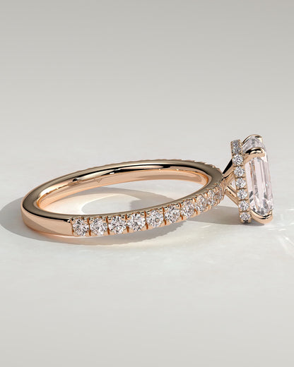 Eliana - Emerald Claw Solitaire with Wrap Around Hidden Halo and Pave Band Engagement Ring - Rose Gold