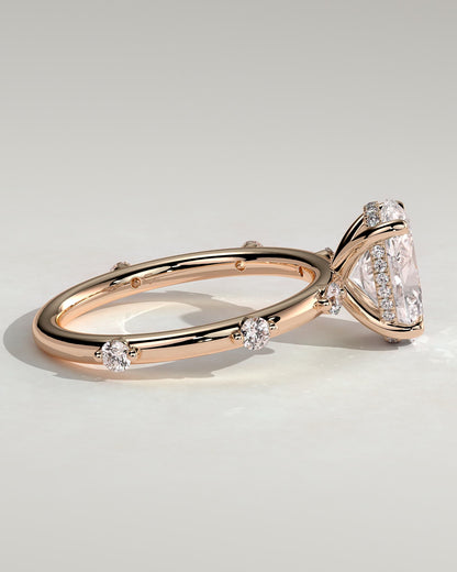 Elise - Oval Claw Solitaire with 6 Spaced Round Accent Stones and Hidden Halo Engagement Ring - Rose Gold