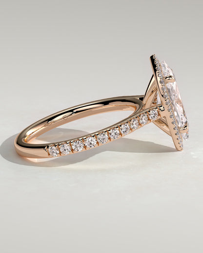 Stefania - Marquise Claw Solitaire with Halo and Pave Band and Cathedral High Setting Engagement Ring - Rose Gold