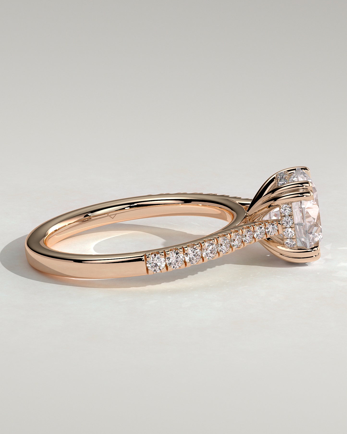 Amelia - Round Double Claw Solitaire with Hidden Halo, Tapered Pave Band and Cathedral High Setting Engagement Ring - Rose Gold - Rose Gold 2ct