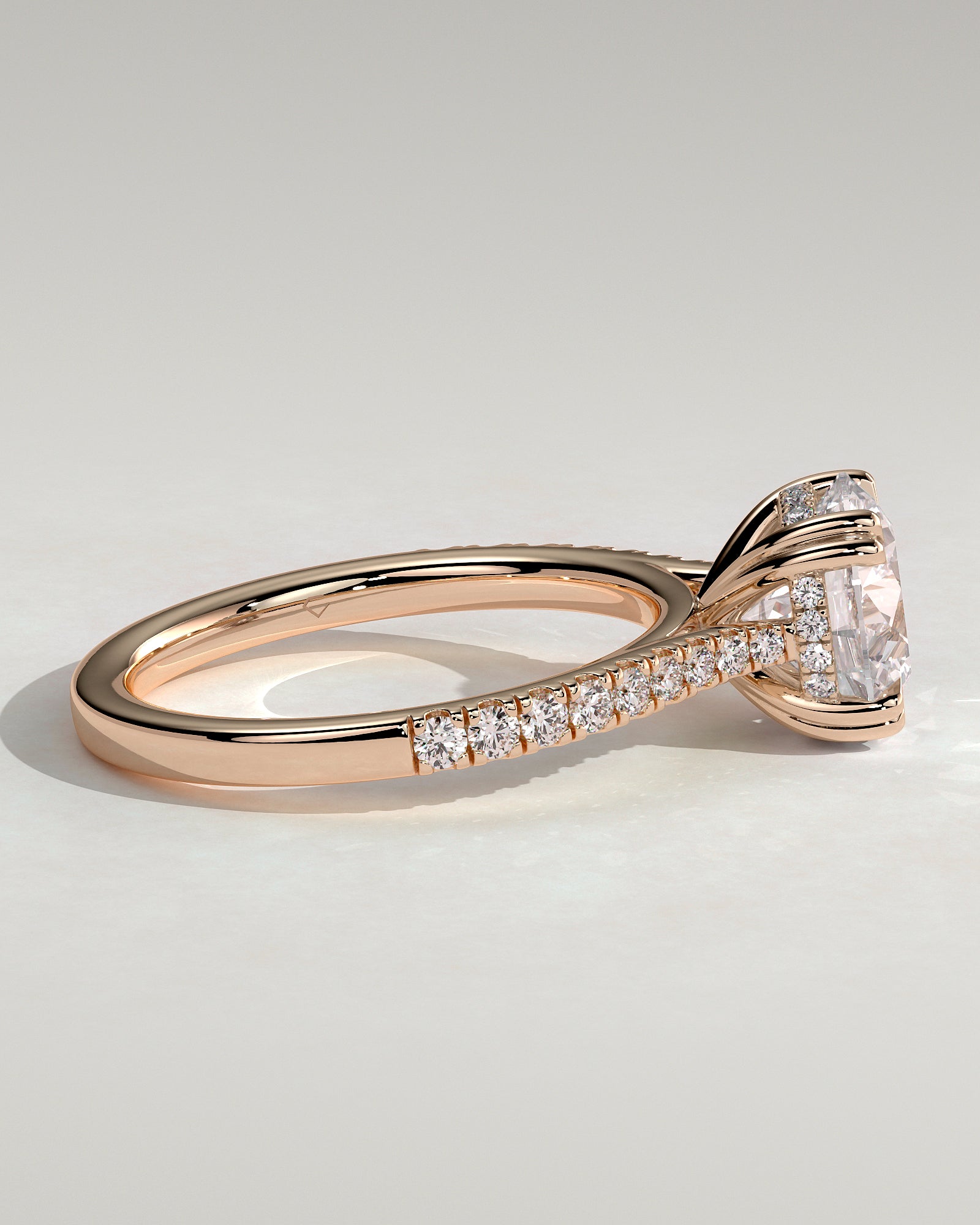 Amelia - Round Double Claw Solitaire with Hidden Halo, Tapered Pave Band and Cathedral High Setting Engagement Ring - Rose Gold - Rose Gold 2ct