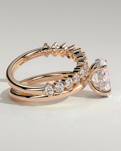 Athena - Oval Claw Solitaire with Double Plain-and-Round-Accent Stones Band Engagement Ring - Rose Gold