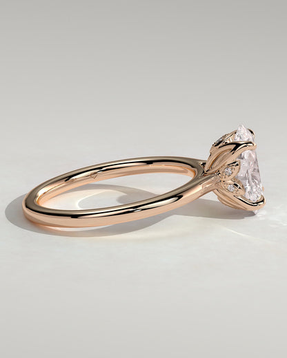 Erica - Oval Claw Solitaire with Petal Gallery, Accent Leaf Detail and Cathedral Setting Engagement Ring - Rose Gold