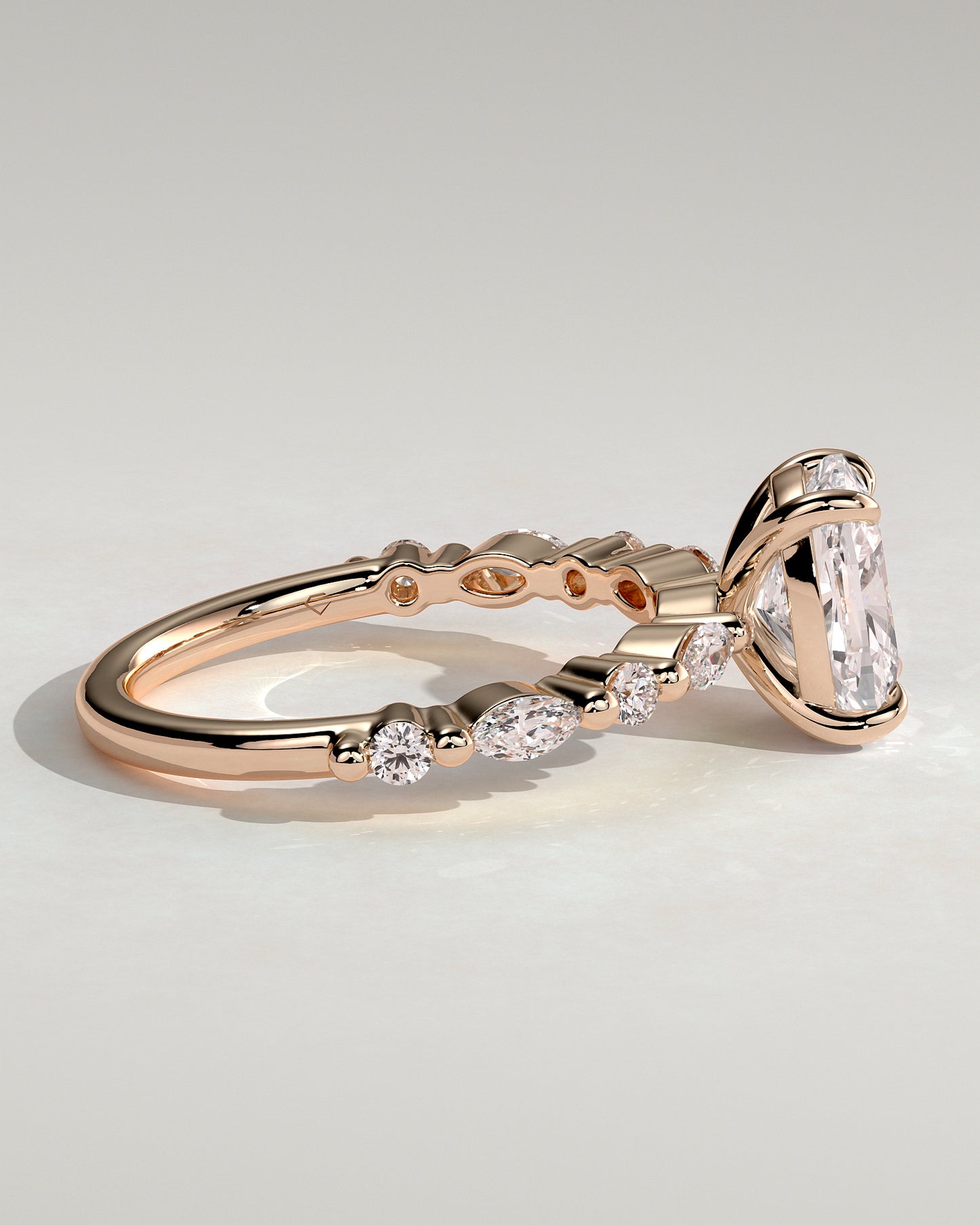 Delphine - Elongated Cushion Claw Solitaire with Marquise and Round Accent Stones Engagement Ring - Rose Gold - Rose Gold 2ct
