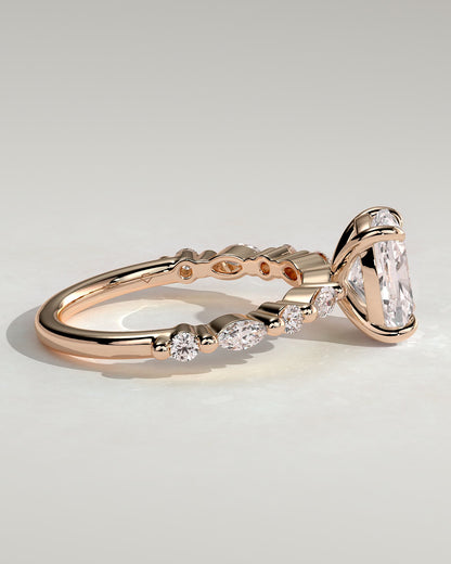 Delphine - Elongated Cushion Claw Solitaire with Marquise and Round Accent Stones Engagement Ring - Rose Gold