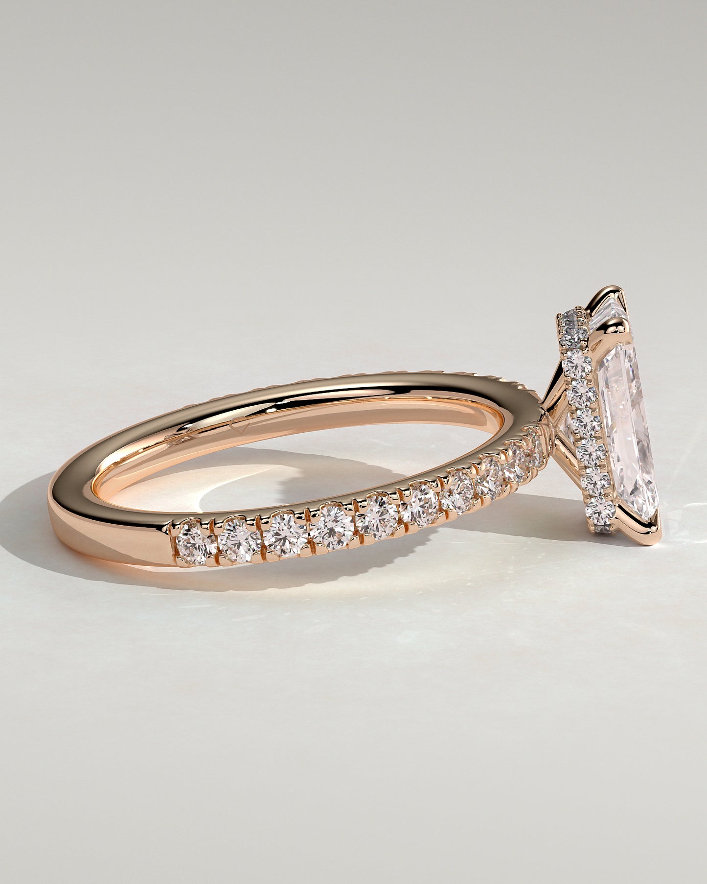 Ellie - Radiant Claw Solitaire with Wrap Around Hidden Halo and Pave Band Engagement Ring - Rose Gold - Rose Gold 2ct