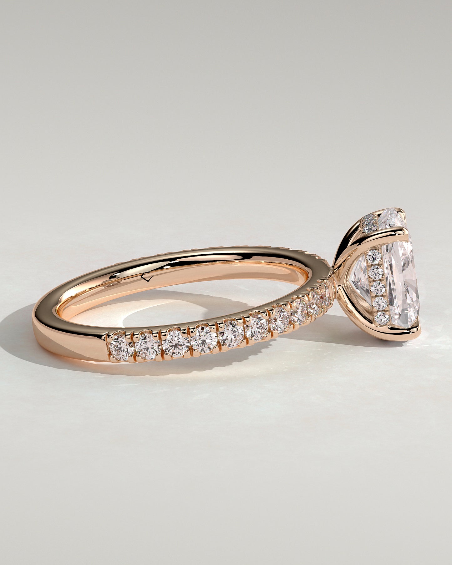 Camilla - Elongated Cushion Claw Solitaire with Hidden Halo and Pave Band Engagement Ring - Rose Gold - Rose Gold 2ct